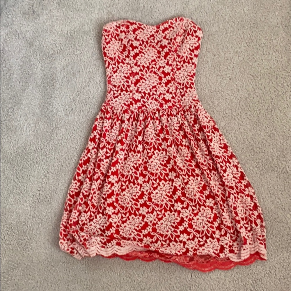 strapless cute red and white flower lace dress